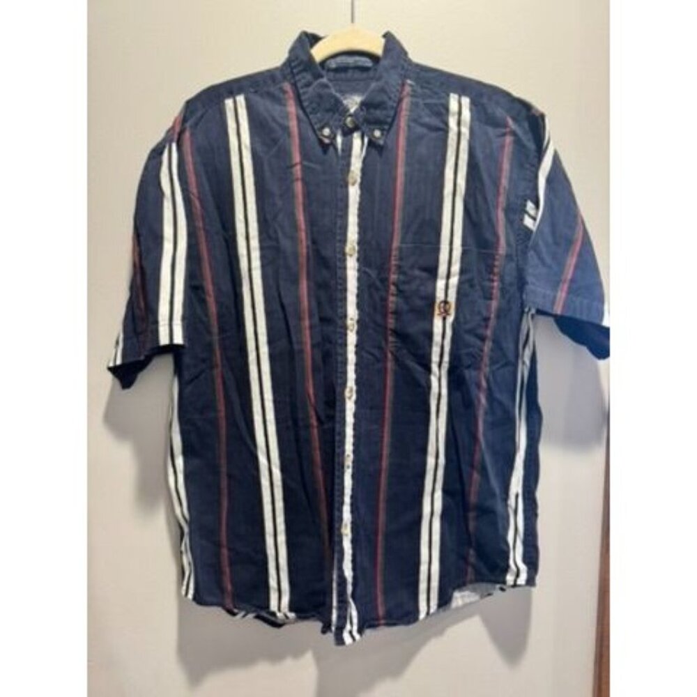 Vintage Retro Coliseum Original Striped Button-Up Shirt L Navy Blue Cotton